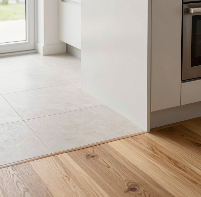 Detail of clean material transitions, tile meeting hardwood in a modern bright kitchen, natural light, sharp focus