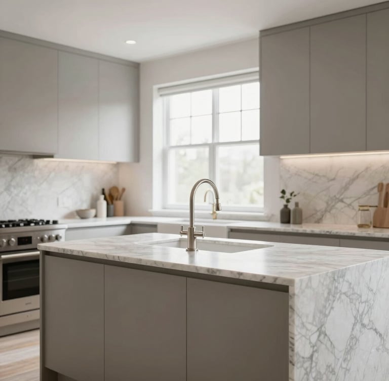 Crisp architectural photography of a completed luxury kitchen, marble island, bright natural window light, clean neutral tones, sharp focus, 35mm lens