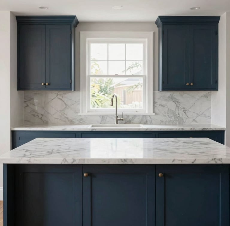Bright natural daylight illuminating a renovated kitchen island, straight-on framing, clean marble countertop meeting dark slate blue cabinets, sharp focus on craftsmanship