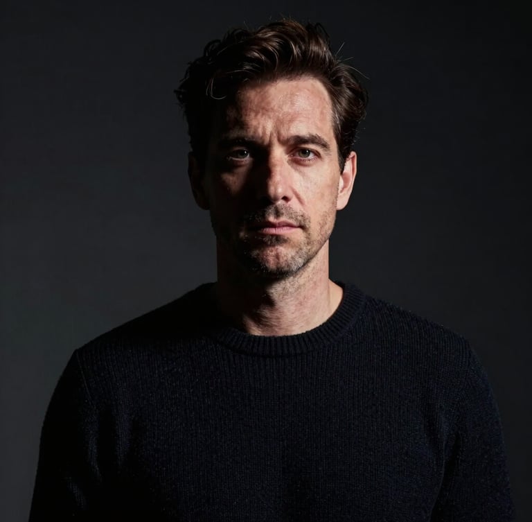 Chiaroscuro studio portrait of a man in a dark knit sweater, dramatic Rembrandt lighting casting deep shadows on one side of his face, high-contrast, dark background
