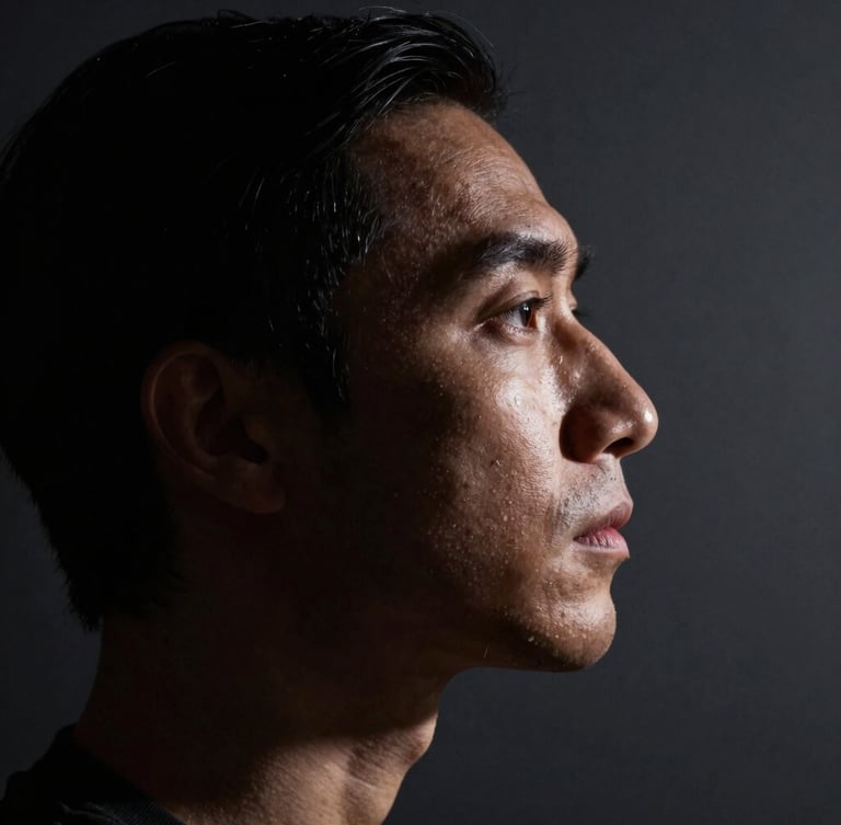 A striking chiaroscuro studio portrait of a subject in profile, dramatic low-key lighting casting deep shadows, sharp rim light highlighting the jawline, dark slate background.