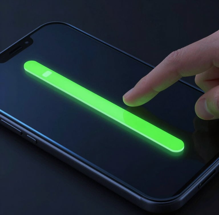 Extreme close-up of a high-fidelity Android screen showing an interactive neon green slider, fingers interacting with the glass surface, moody high-contrast dark studio lighting