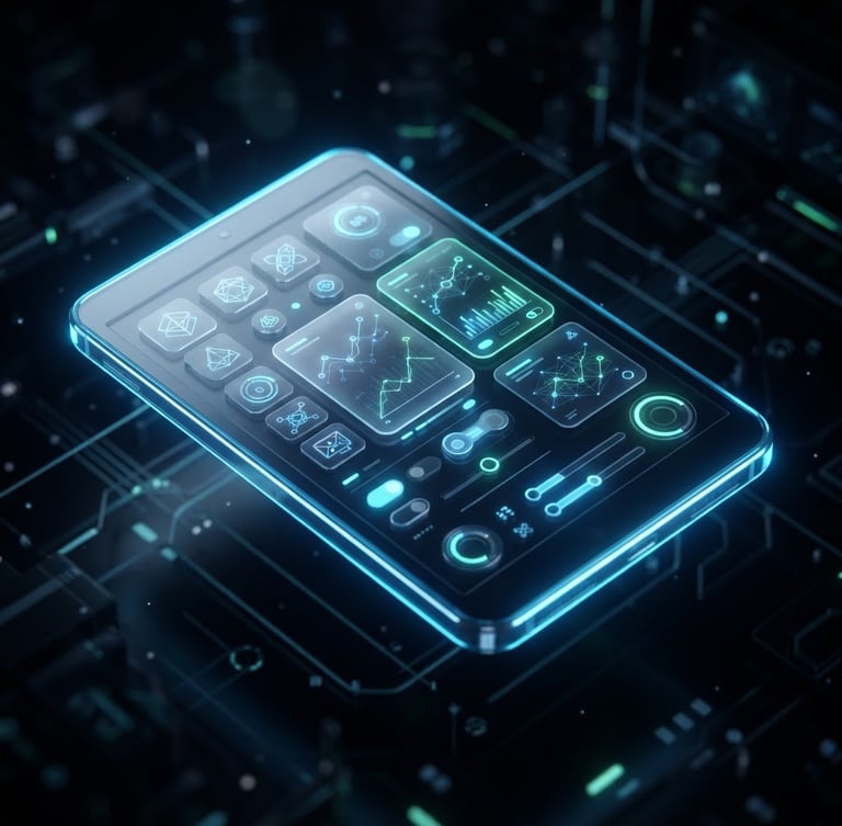Sleek 3D render of a floating glassmorphic Android device displaying high-fidelity UI elements, neon blue rim lighting, dark tech aesthetic, isometric angle
