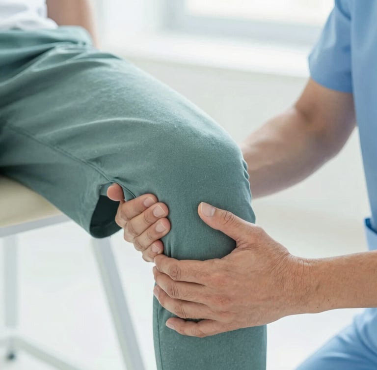 Medium close-up of a physical therapist's hands guiding a patient's knee alignment during a precise, controlled movement, clinical daylight, soft teal tones