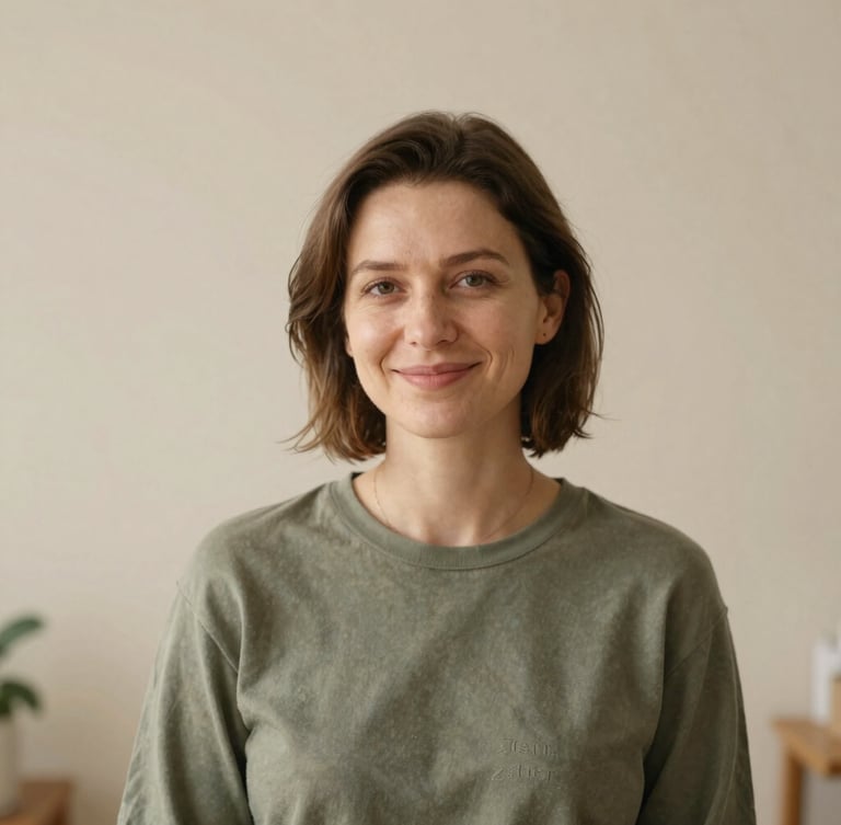 Warm editorial portrait of female therapist Oksana Zitser, smiling gently, soft natural daylight, minimal warm beige studio background, 35mm