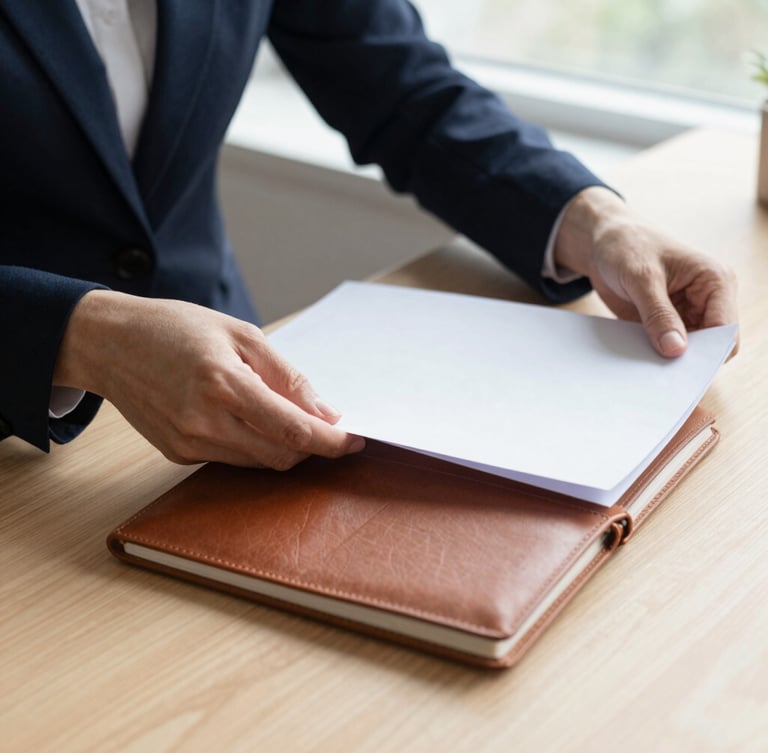 Close-up of hands arranging papers and a leather notebook on a light wooden desk, soft natural window light, professional and minimalist aesthetic