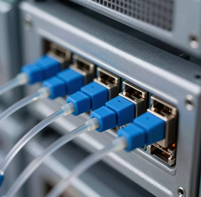 Macro close-up of immaculate blue fiber optic terminations plugged into a clean server rack, cool industrial LED lighting, shallow depth of field