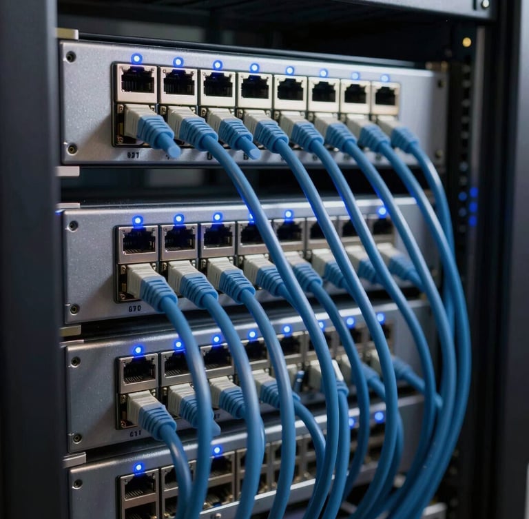 Extreme close-up of a neatly dressed server rack with high-definition security camera feed cables terminated into a network switch, cool blue LED indicator lights