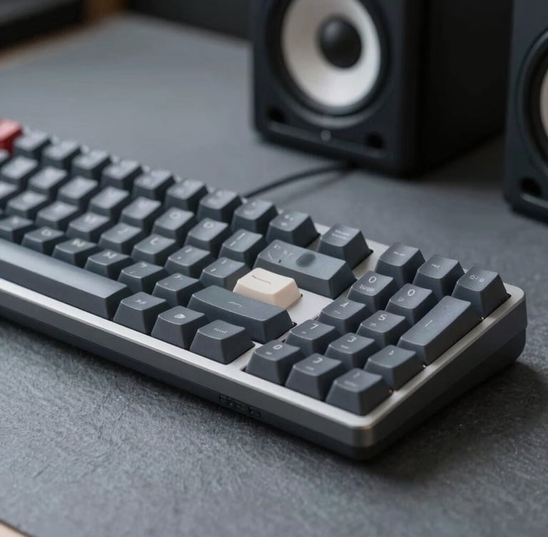Macro shot of a high-end mechanical keyboard and studio monitor in a clean, minimalist editing setup, cool slate lighting, 35mm