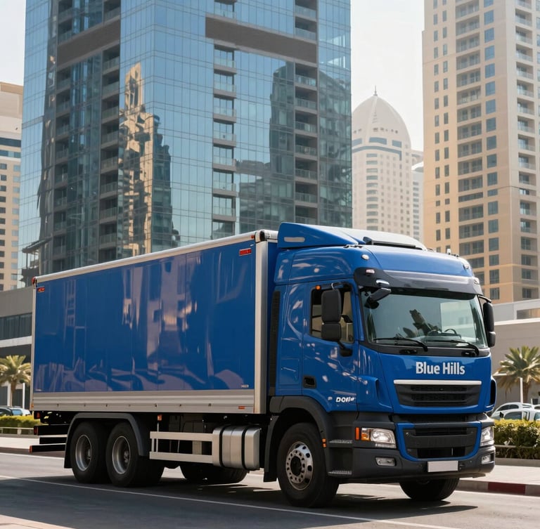 A pristine branded Blue Hills logistics truck parked outside a sleek glass skyscraper in Dubai Marina, captured in sharp morning light with clean reflections.