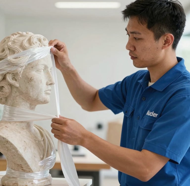 Close-up shot of a professional mover in a clean blue uniform carefully securing a fragile sculpture with heavy-duty protective wrap inside a well-lit space.