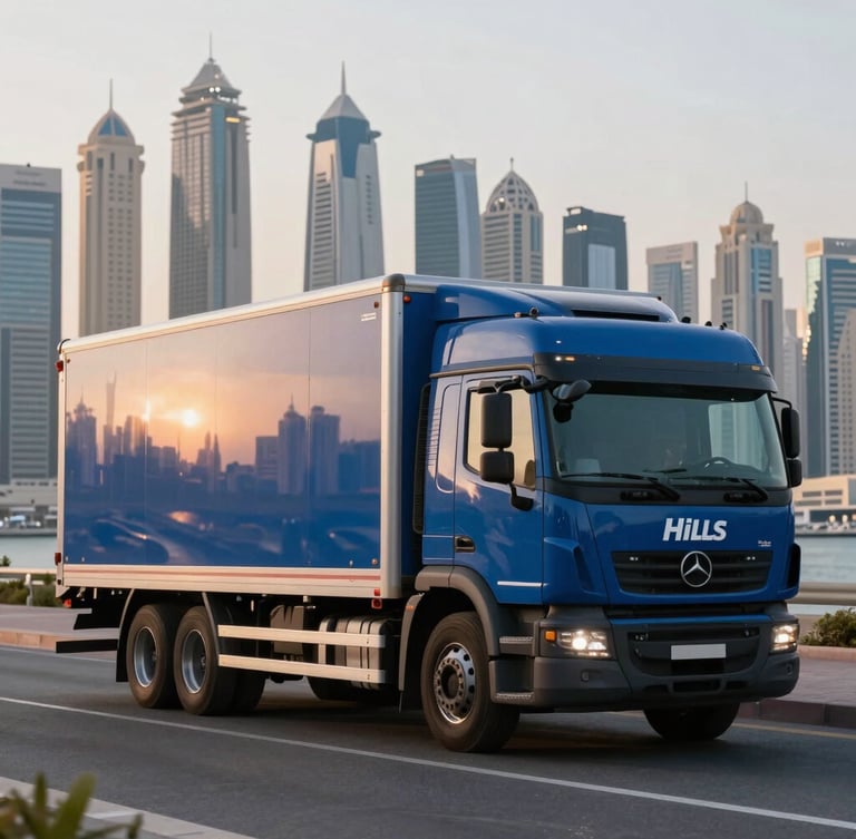 A pristine branded Blue Hills moving truck parked in front of the modern Dubai Marina skyline at sunrise, clean reflections, industrial precision composition.