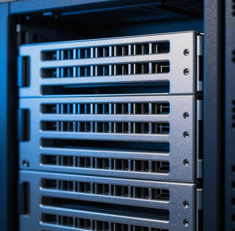 Macro photograph of clean high-end server rack, cool-toned studio lighting with sharp electric blue highlights, metallic silver tones, 50mm lens