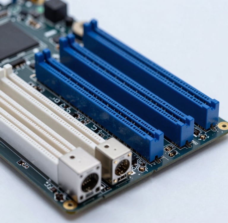 Macro shot of enterprise motherboard ports and memory slots, cool studio lighting, deep blue and metallic silver tones, sharp focus