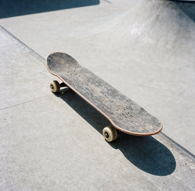 Low-angle gritty shot of a worn skateboard tail scraped against concrete, harsh midday sun casting sharp shadows, 35mm film grain