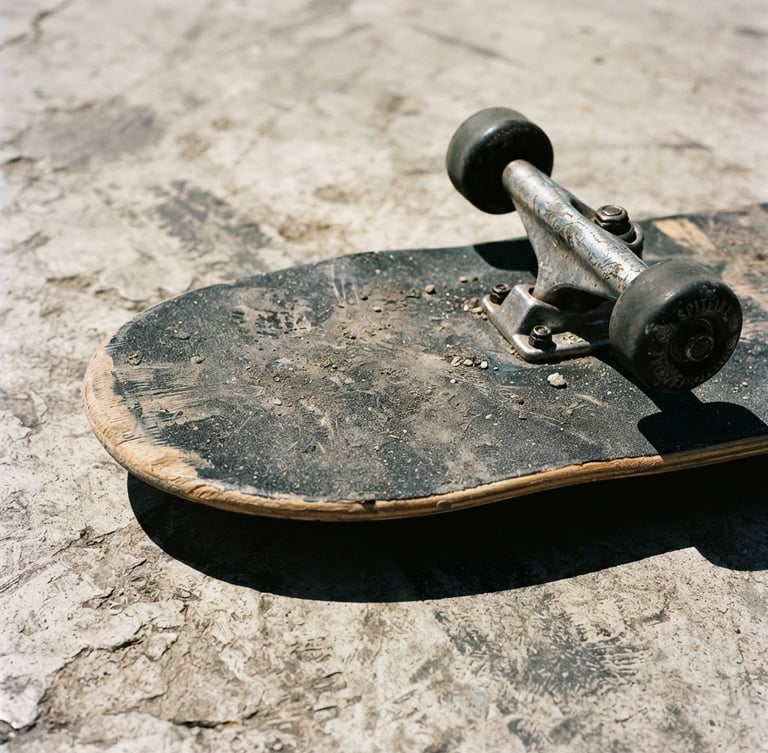 Low-angle close-up of a well-worn skateboard deck, raw black griptape texture, harsh midday sun casting sharp shadows on concrete, 35mm film grain