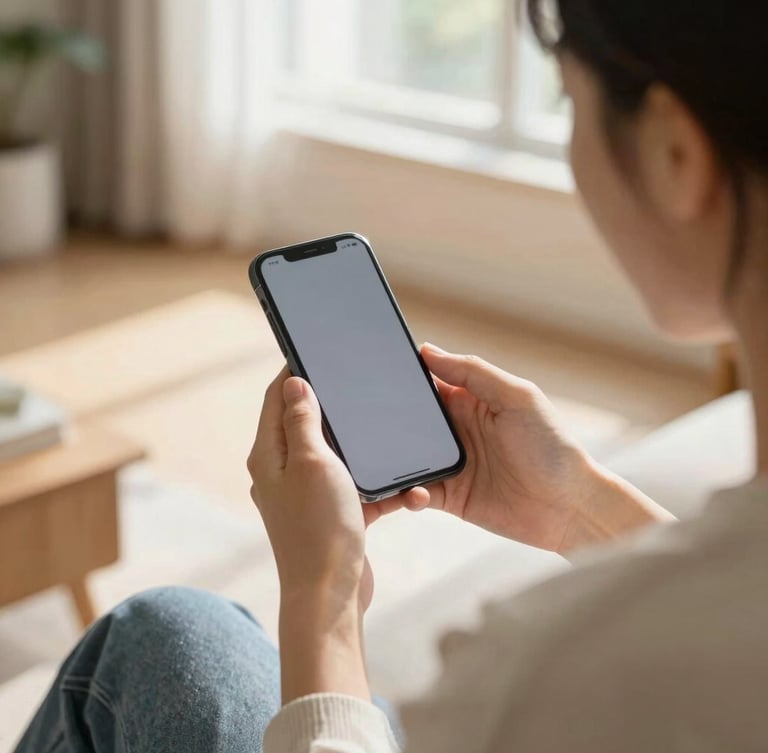 Over-the-shoulder shot of a person sitting in a sunlit living room, holding a smartphone with a soft, relieved expression, warm diffused daylight streaming through a window