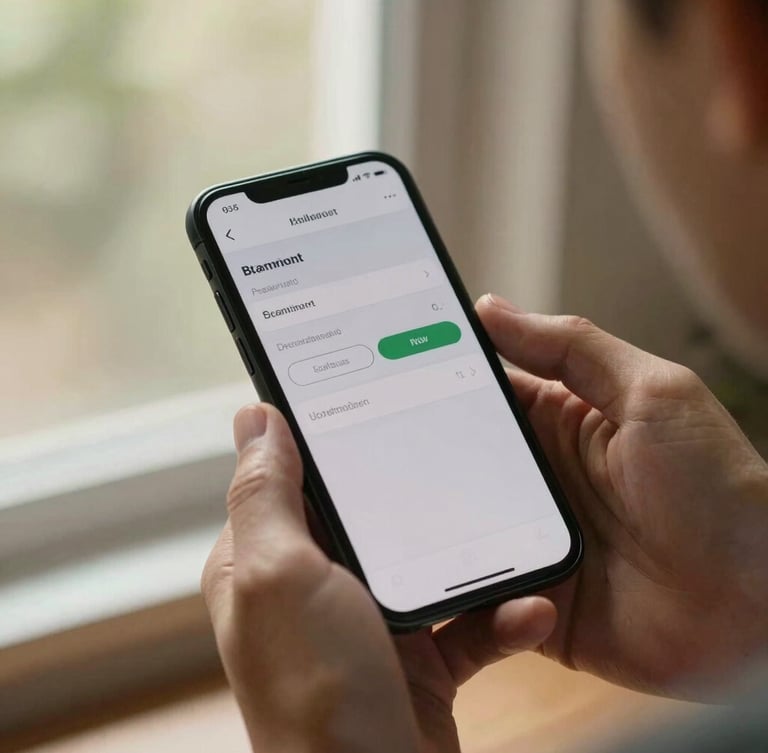 Close-up of hands holding a smartphone displaying a clear payment slip screen, warm natural morning light filtering through a window, soft background.