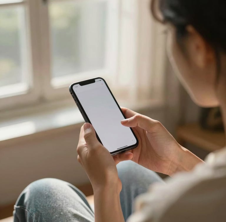 Over-the-shoulder shot of a person sitting by a sunlit window at home, holding a smartphone showing a clean interface, soft diffused morning light, warm and peaceful atmosphere.