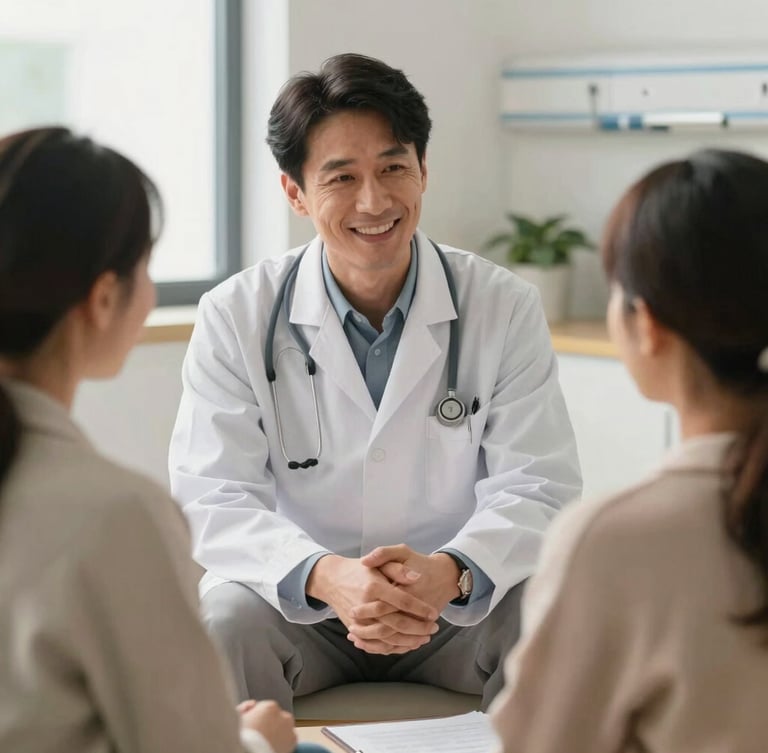 Warm, natural daylight illuminates a doctor gently explaining a treatment plan to a patient and their family member in a clean, modern hospital consultation room, hands clasped in a supportive gesture, 35mm lens.