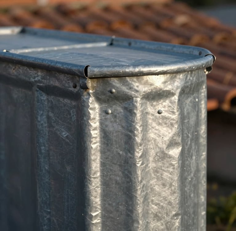 Vue rapprochée en lumière rasante du matin sur un raccord de zinc façonné à la main, soudures épurées et brillantes, reflets métalliques gris bleutés, tuiles de terre cuite en arrière-plan flou.
