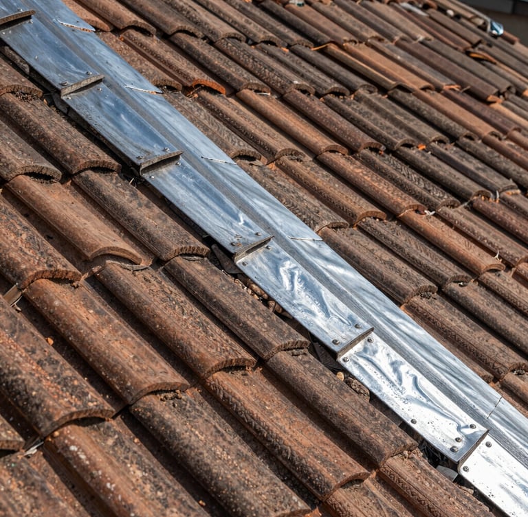 Gros plan sur des tuiles plates traditionnelles parfaitement alignées sur un toit en pente, avec un raccord en zinc brillant sous une lumière de Seine-et-Marne.