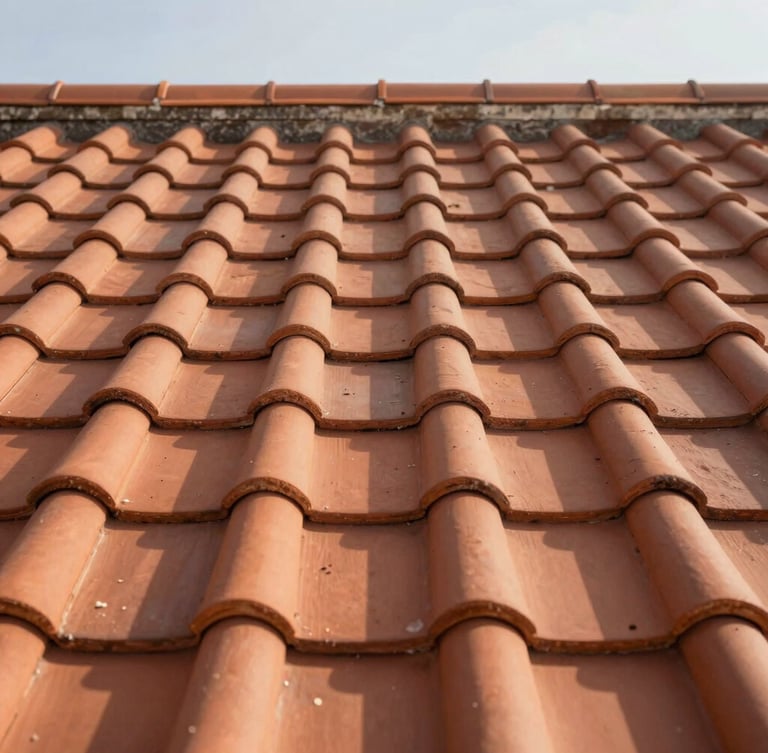 Close-up of perfectly aligned terracotta tiles on a traditional French roof, warm natural afternoon light, crisp shadows