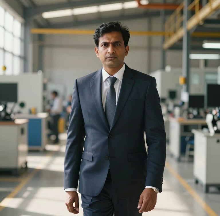 A confident Indian corporate leader in a sharp navy suit standing on a modern, sunlit manufacturing floor, direct eye-contact, warm daylight.