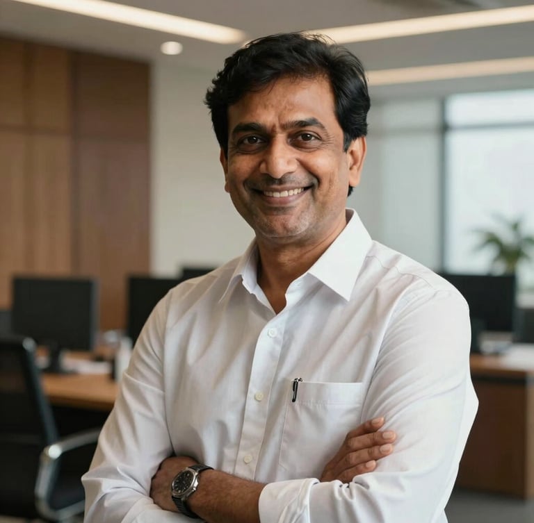 A direct, confident portrait of a prominent Indian corporate leader in a modern, warm-lit office, looking directly at the camera with an optimistic smile, clean composition, high-contrast daylight.