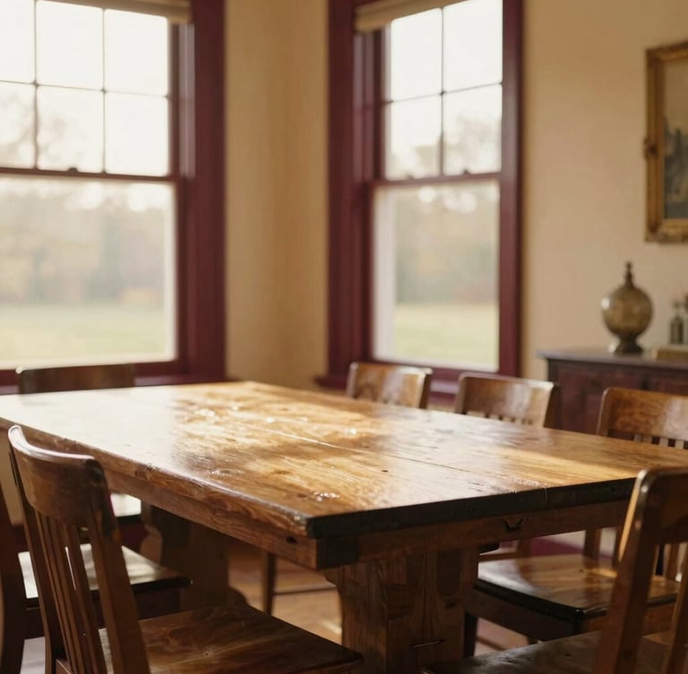 Sunlit shared dining room with a large oak table, heritage furniture, warm golden hour window light, rich cream walls, shallow depth of field.
