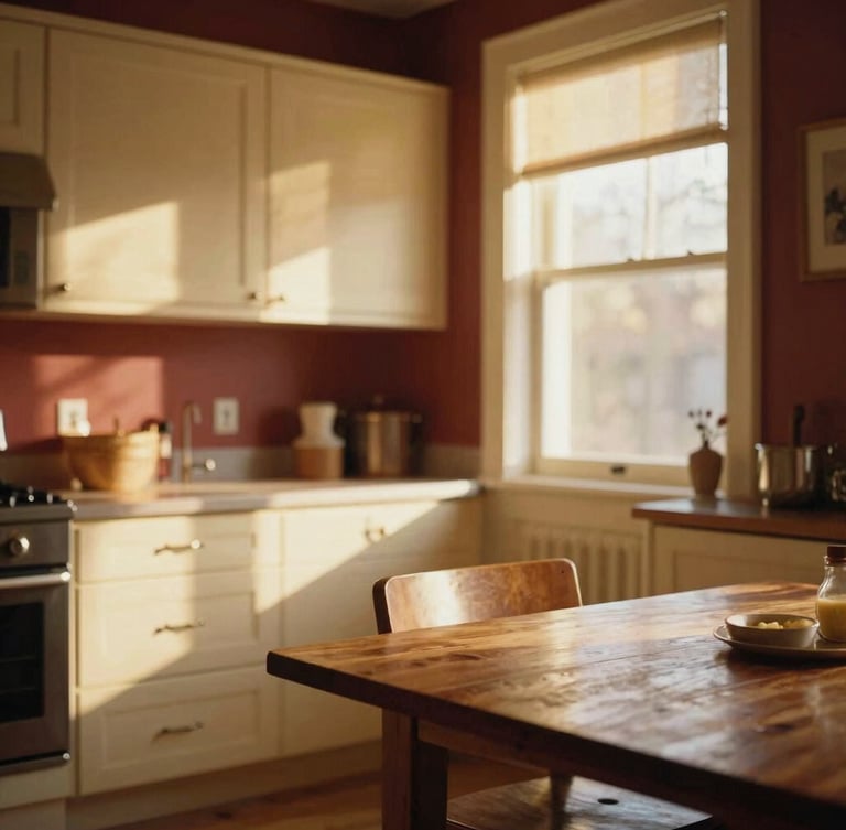 A bright, sunlit residential kitchen with warm cream cabinets and a wooden table, golden-hour window light casting soft shadows, 35mm photography