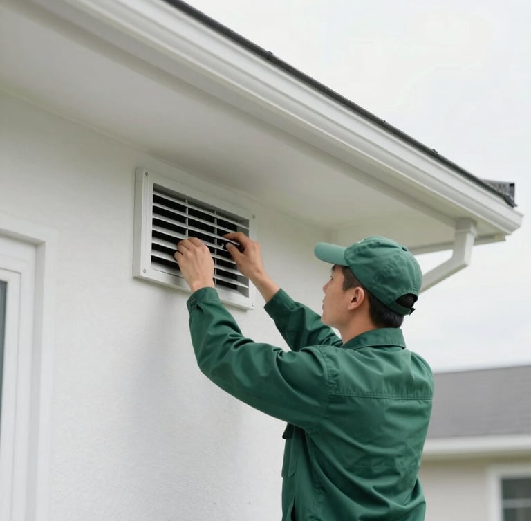 A professional technician in a clean dark green uniform inspecting a residential ventilation grille, bright cool daylight, crisp focus, architectural 35mm framing