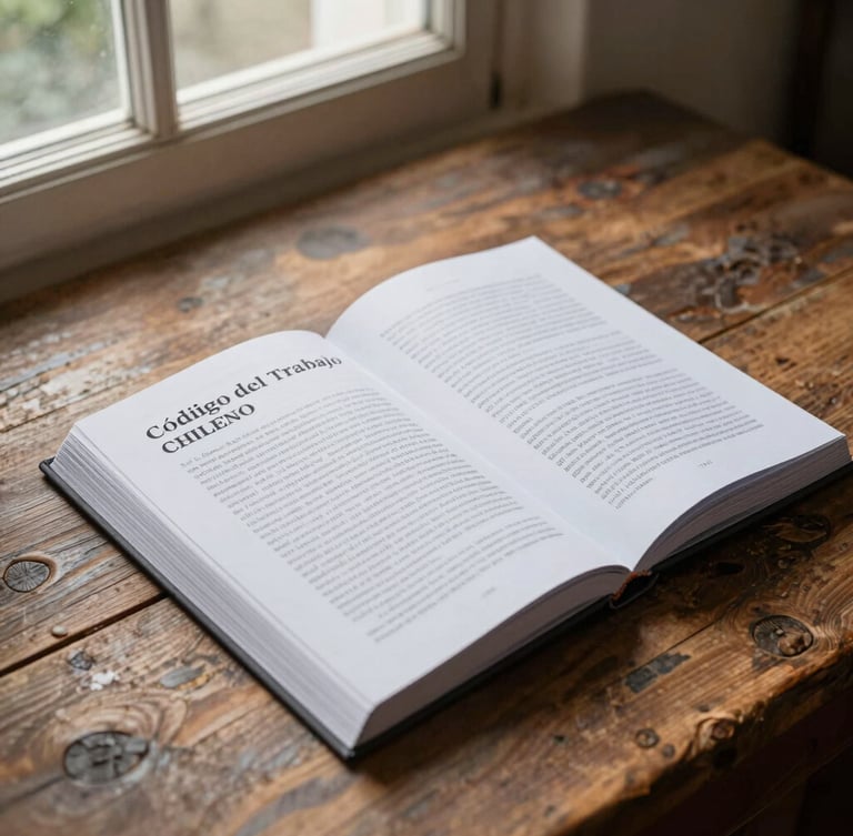 Vista de primer plano de un libro del Código del Trabajo chileno sobre una mesa de madera rústica, iluminación natural de ventana lateral, enfoque nítido en el texto impreso, composición asimétrica.