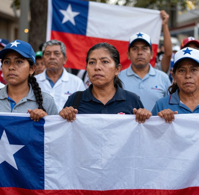 Primer plano de trabajadores de la salud pública en Chile sosteniendo un lienzo sindical durante una asamblea, luz natural de día, expresiones reales y decididas, alto contraste.