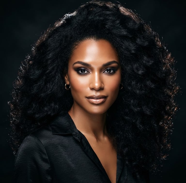 High-contrast beauty portrait of a mixed-race model with voluminous, ultra-glossy raw black hair cascading over her shoulders, dramatic studio rim lighting, 85mm, sharp focus