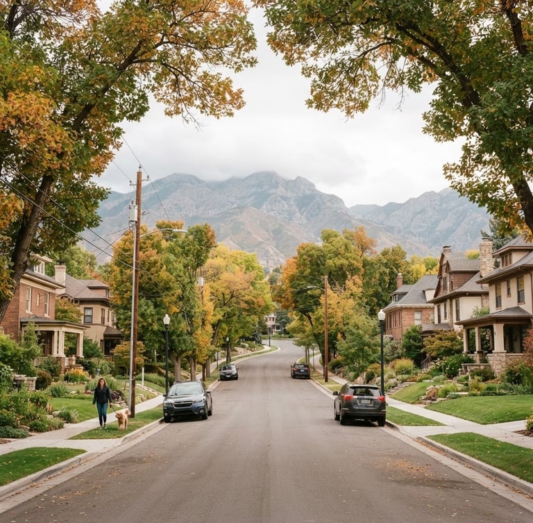 Bright, natural daylight wide-angle view of a quiet Salt Lake Valley residential street with mature trees and family homes, soft overcast sun, warm editorial style, 35mm.