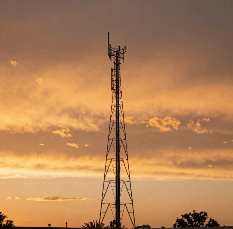 Wide environmental shot of a tall aluminum antenna tower silhouetted against a dramatic Texas golden-hour sky, warm orange horizon.
