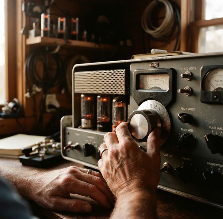 A close-up of a vintage 1950s amateur radio transmitter, warm glowing vacuum tubes, hands tuning a heavy metal dial in a softly lit wooden shack.