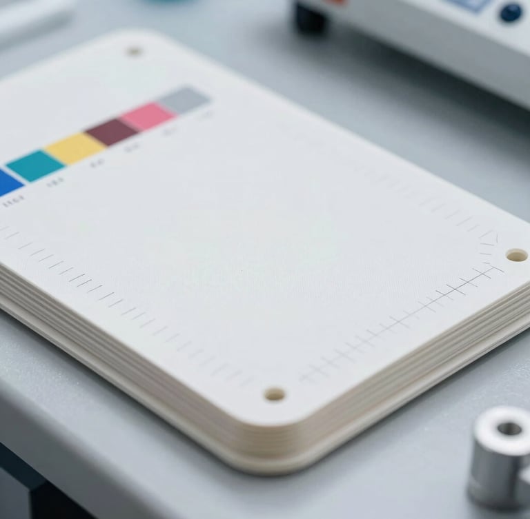 Close-up of high-end packaging flats with precise alignment marks and color bars, bright clean clinical studio lighting, 50mm lens