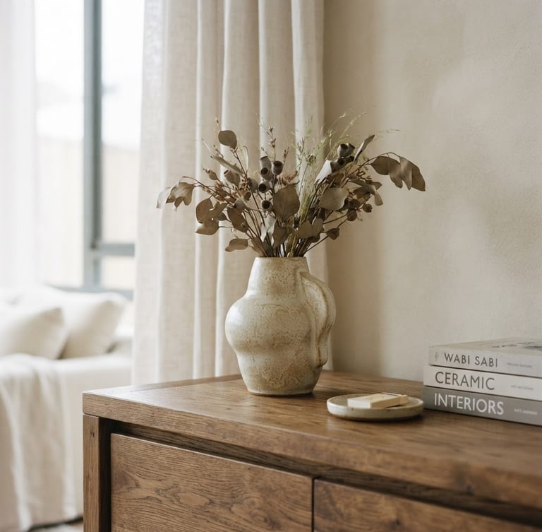 Close-up of a curated residential interior vignette, a ceramic vase on an oak timber console, soft morning daylight, neutral linen tones, architectural style, 35mm, shallow depth of field