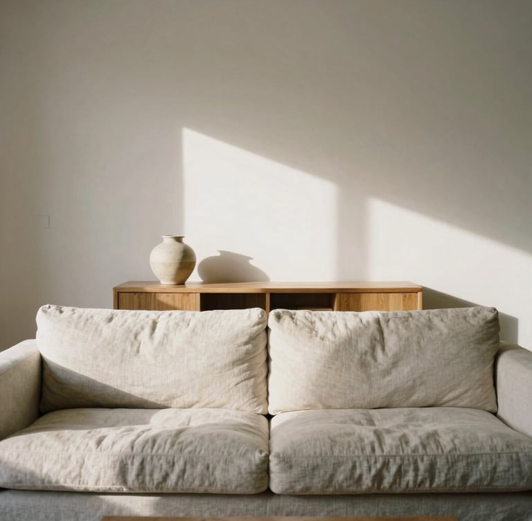 Straight-on architectural shot of a sun-drenched Melbourne living room, soft morning daylight, neutral linen sofa, oak timber console with a single ceramic vase, warm editorial minimalism, 35mm