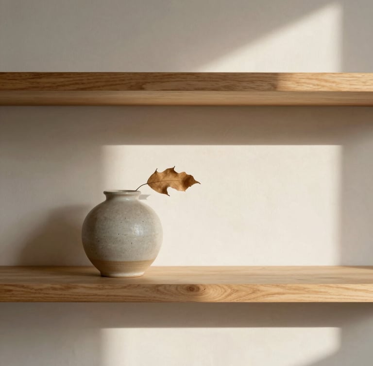 Straight-on architectural shot of a minimalist timber shelf adorned with a ceramic vessel and a single dried leaf, soft morning daylight casting gentle shadows, warm editorial style.
