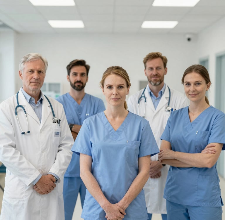 Medium close-up of a focused diverse clinician reviewing charts in a bright, neutral clinical environment, daylight-balanced, high clarity.