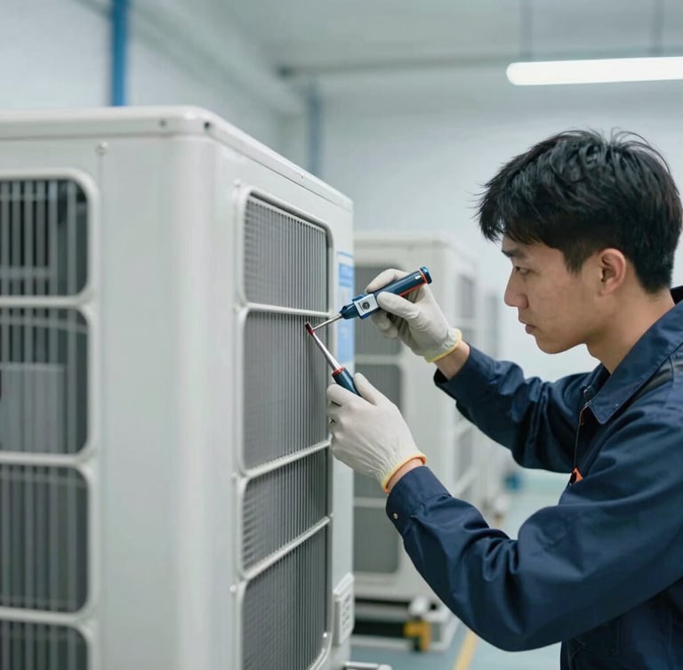 A professional technician using precise tools to repair a clean modern air conditioning condenser unit, bright cool-toned workshop lighting, sharp focus, 35mm lens