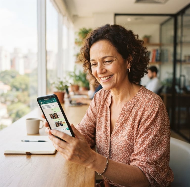 Mulher brasileira sorrindo, de meia-idade, segurando um smartphone com a tela do WhatsApp aberta, em um ambiente de escritório moderno e iluminado por luz natural. Foco no rosto e nas mãos. Fotografia editorial quente, tons suaves e saturados.
