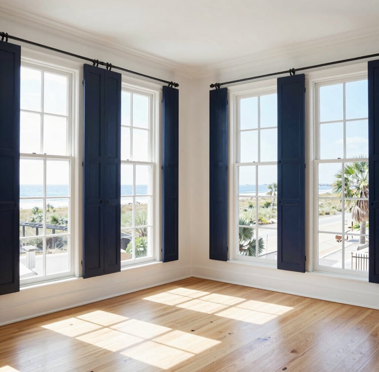 Bright sunlit historic Charleston living room with pristine hardwood floors, high-key natural coastal daylight pouring through tall windows, deep navy accents, sharp 35mm focus.
