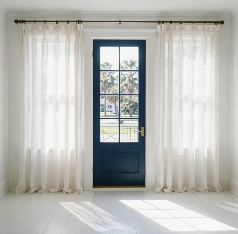 Bright sunlit historic Charleston single house interior, high-key natural coastal daylight, pristine heart pine floors, white linen curtains, 35mm photography