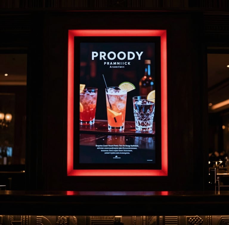 Moody interior photography of a luxury hotel lobby bar, vertical digital display showing premium cocktails, glowing red accents, soft dark environment, 35mm