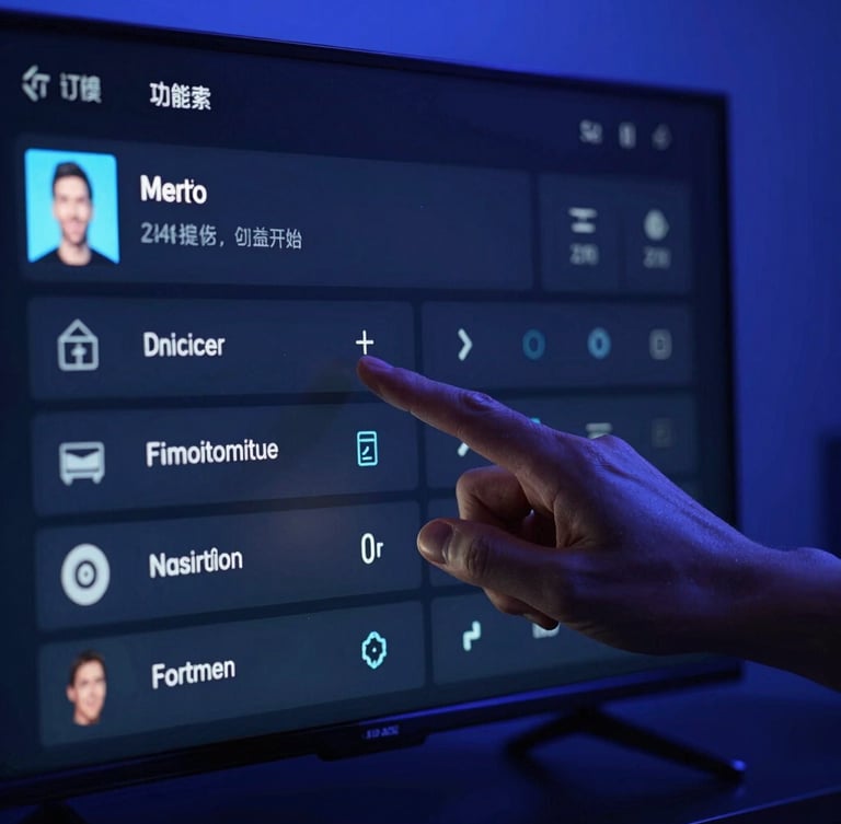 Close-up of hands configuring a modern Smart TV menu showing connection settings, deep blue ambient glow, high-contrast dark photography, sharp focus