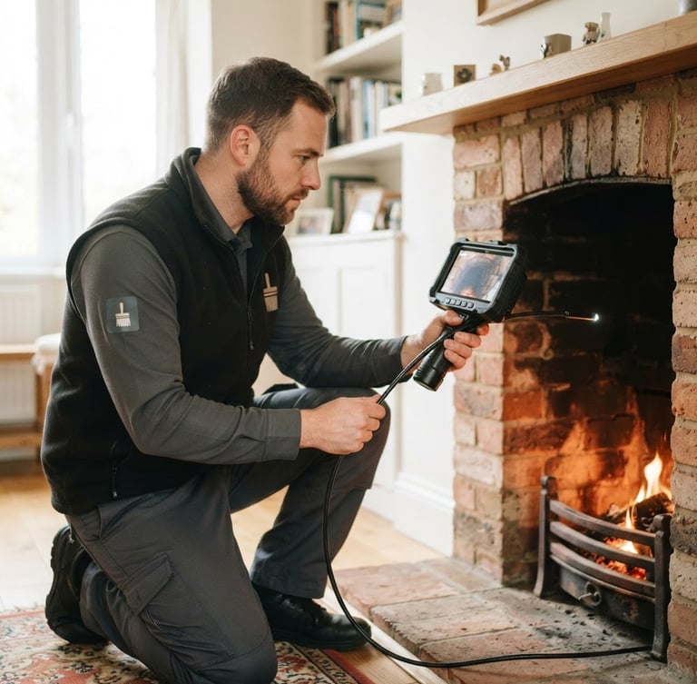 Professional chimney sweep in clean uniform using a high-tech inspection camera, focused on the camera feed, bright natural indoor light, warm hearth glow, 35mm lens
